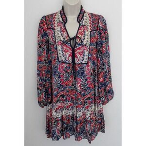 Anthropologie Dress XS Red Blue Floral Tiered Mini Pullover Tunic Boho Paisley